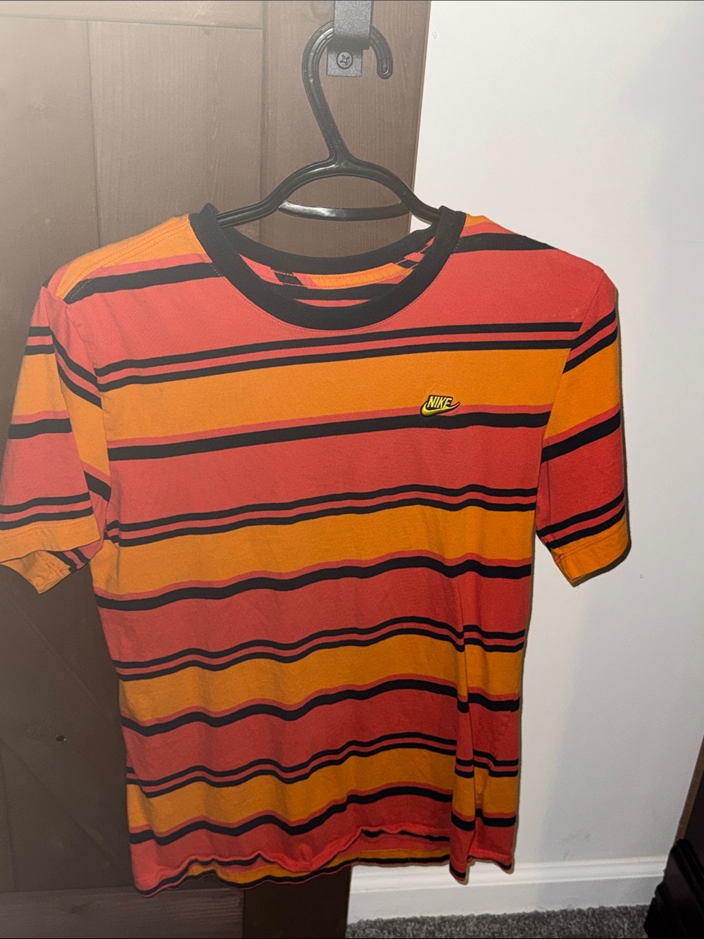 Nike Red and Orange Striped Short Sleeve Crew Tee with Black Trim